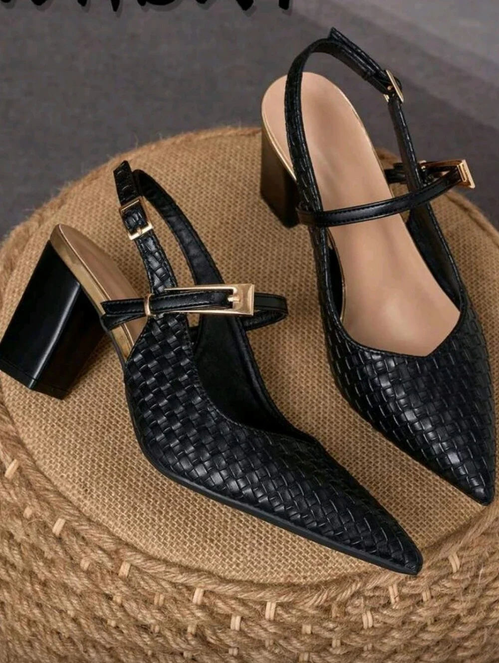 Black Woven Texture Chunky Heel Pointed Toe High Heels, Women's Shoes With